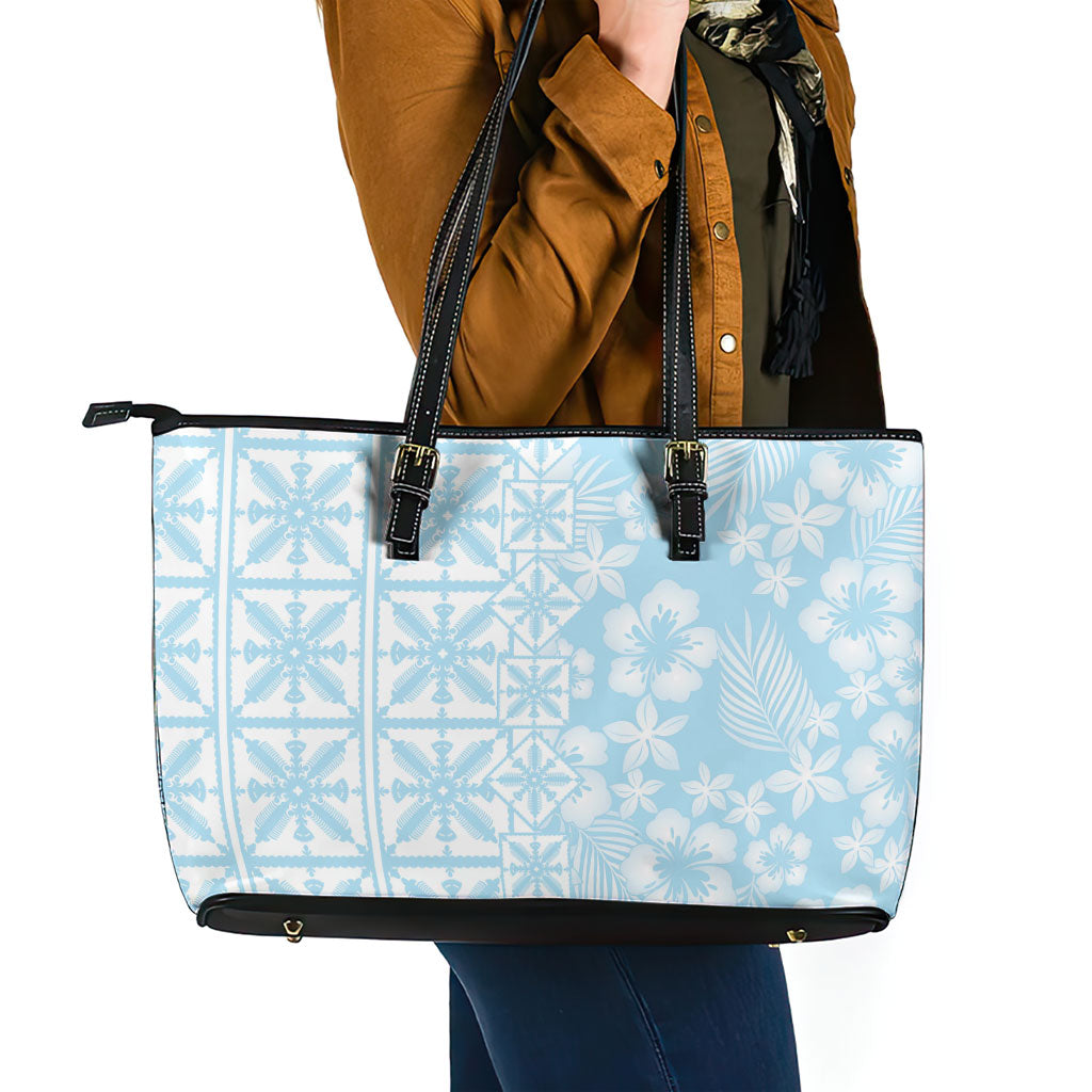 Pastel Blue Kahili Quilt Hawaii Leather Tote Bag Tropical Flower Seamless Half Style LT14 - Polynesian Pride
