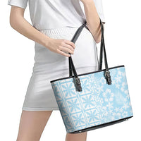 Pastel Blue Kahili Quilt Hawaii Leather Tote Bag Tropical Flower Seamless Half Style LT14 - Polynesian Pride