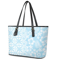 Pastel Blue Kahili Quilt Hawaii Leather Tote Bag Tropical Flower Seamless Half Style LT14 - Polynesian Pride