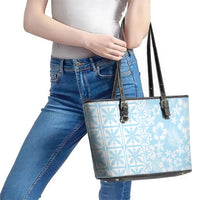 Pastel Blue Kahili Quilt Hawaii Leather Tote Bag Tropical Flower Seamless Half Style LT14 - Polynesian Pride