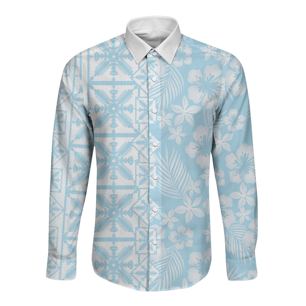 Pastel Blue Kahili Quilt Hawaii Long Sleeve Button Shirt Tropical Flower Seamless Half Style LT14 Unisex Blue - Polynesian Pride