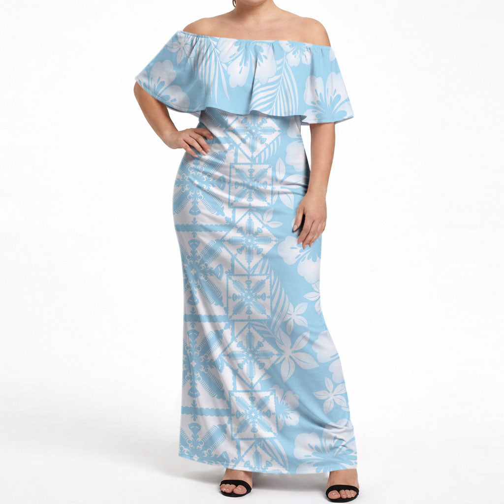 Pastel Blue Kahili Quilt Hawaii Off Shoulder Maxi Dress Tropical Flower Seamless Half Style LT14 Women Blue - Polynesian Pride