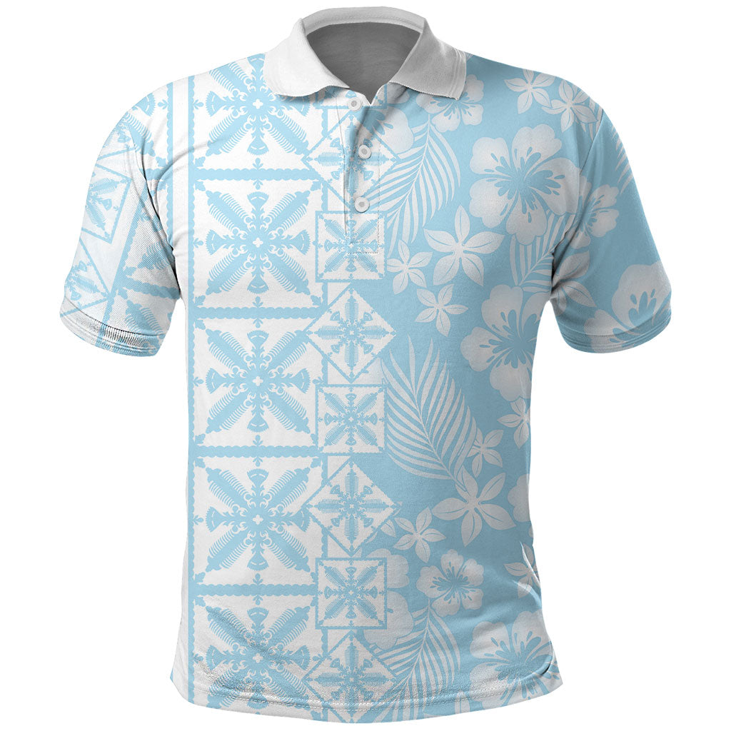 Pastel Blue Kahili Quilt Hawaii Polo Shirt Tropical Flower Seamless Half Style LT14 Blue - Polynesian Pride