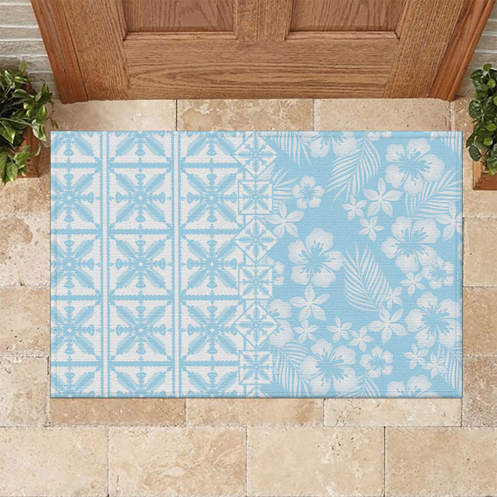 Pastel Blue Kahili Quilt Hawaii Rubber Doormat Tropical Flower Seamless Half Style LT14 Blue - Polynesian Pride