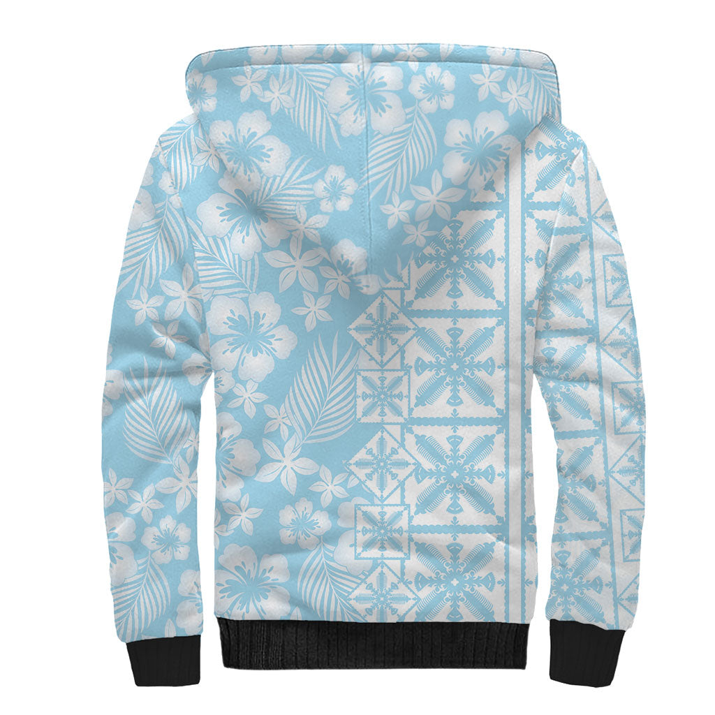 Pastel Blue Kahili Quilt Hawaii Sherpa Hoodie Tropical Flower Seamless Half Style LT14 - Polynesian Pride