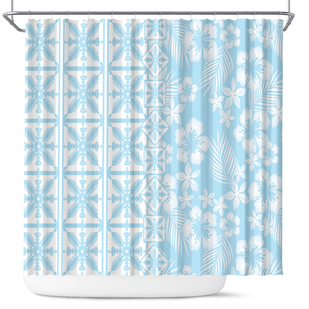 Pastel Blue Kahili Quilt Hawaii Shower Curtain Tropical Flower Seamless Half Style LT14 Blue - Polynesian Pride