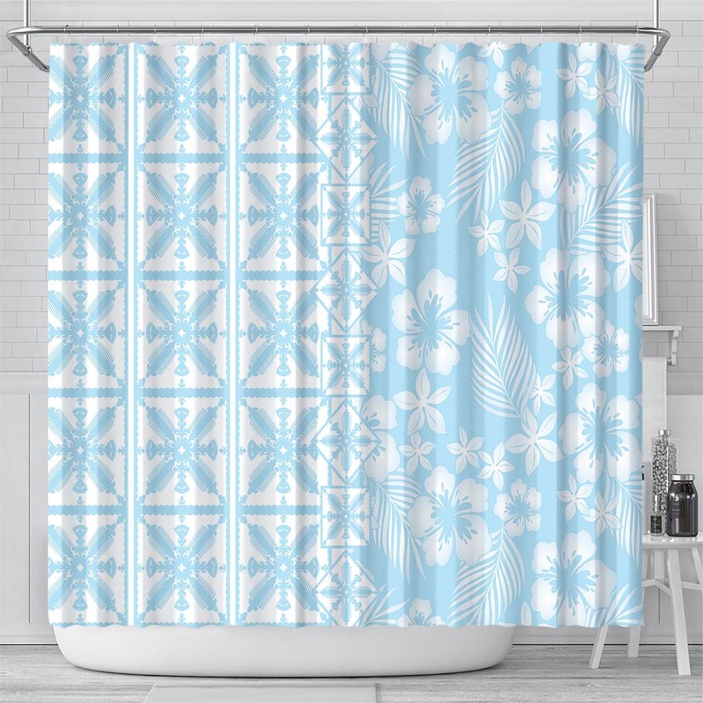 Pastel Blue Kahili Quilt Hawaii Shower Curtain Tropical Flower Seamless Half Style LT14 - Polynesian Pride