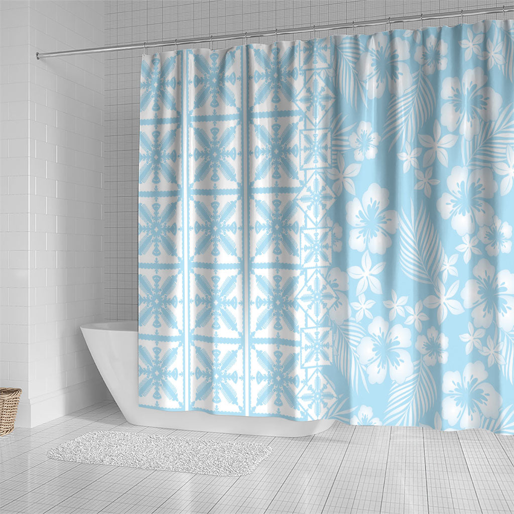 Pastel Blue Kahili Quilt Hawaii Shower Curtain Tropical Flower Seamless Half Style LT14 - Polynesian Pride