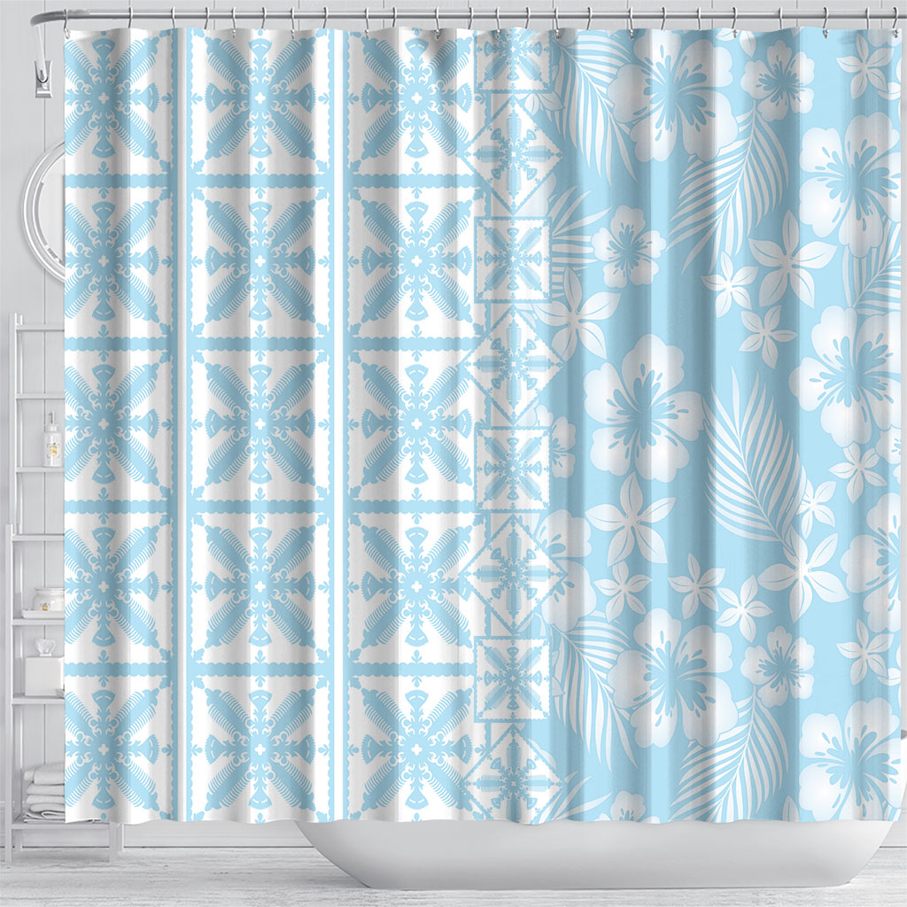 Pastel Blue Kahili Quilt Hawaii Shower Curtain Tropical Flower Seamless Half Style LT14 - Polynesian Pride
