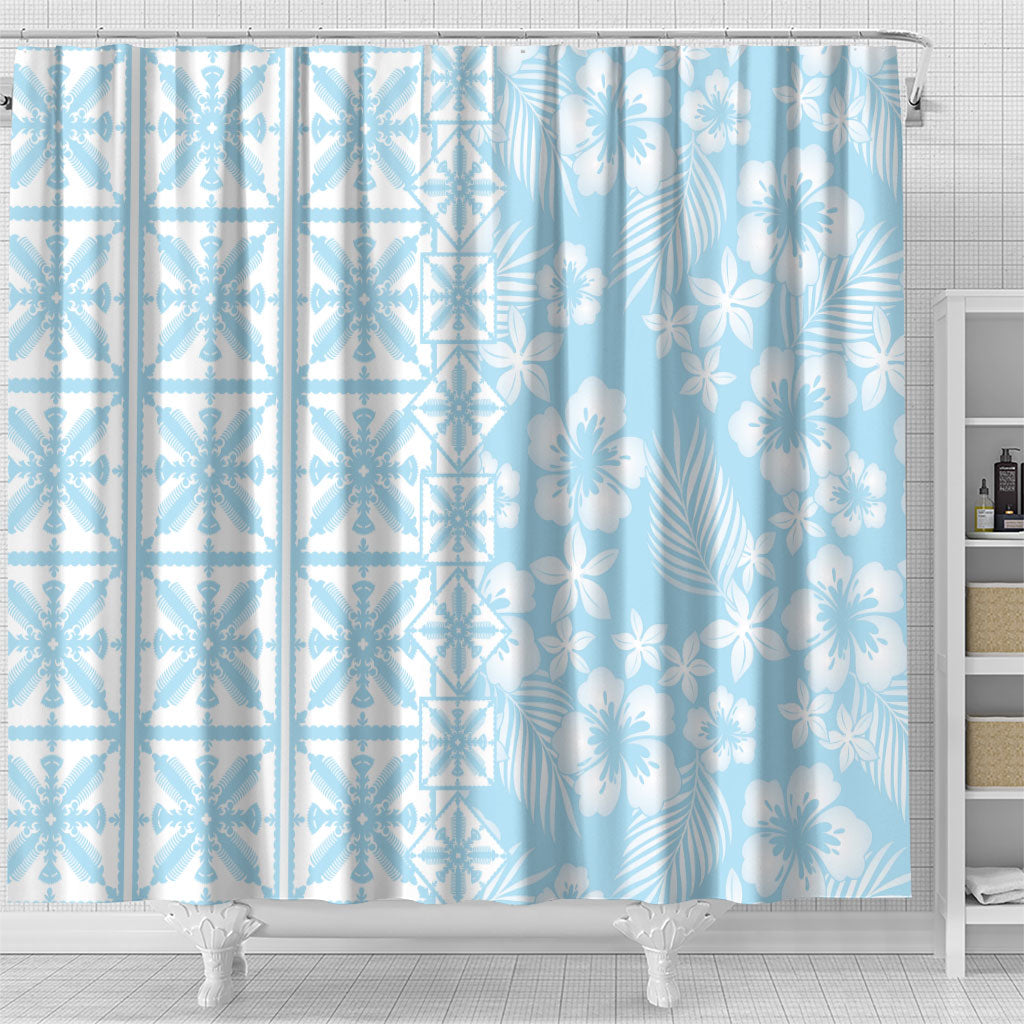 Pastel Blue Kahili Quilt Hawaii Shower Curtain Tropical Flower Seamless Half Style LT14 - Polynesian Pride