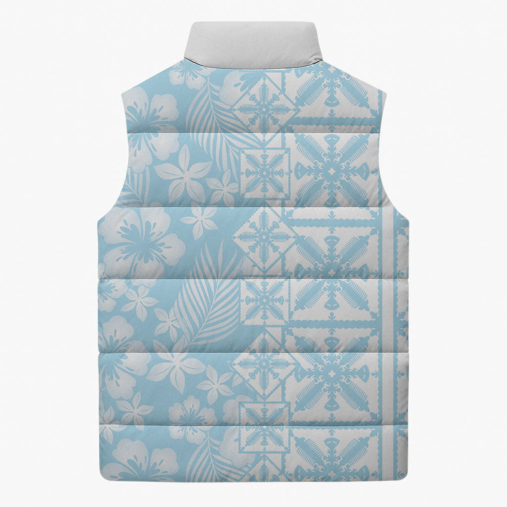 Pastel Blue Kahili Quilt Hawaii Sleeveless Puffer Jacket Tropical Flower Seamless Half Style LT14 - Polynesian Pride