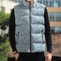 Pastel Blue Kahili Quilt Hawaii Sleeveless Puffer Jacket Tropical Flower Seamless Half Style LT14 - Polynesian Pride