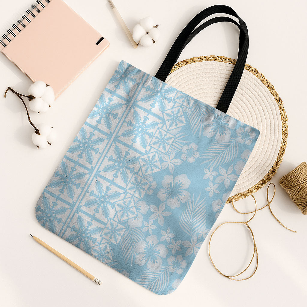 Pastel Blue Kahili Quilt Hawaii Tote Bag Tropical Flower Seamless Half Style LT14 Black Strap One Size Blue - Polynesian Pride