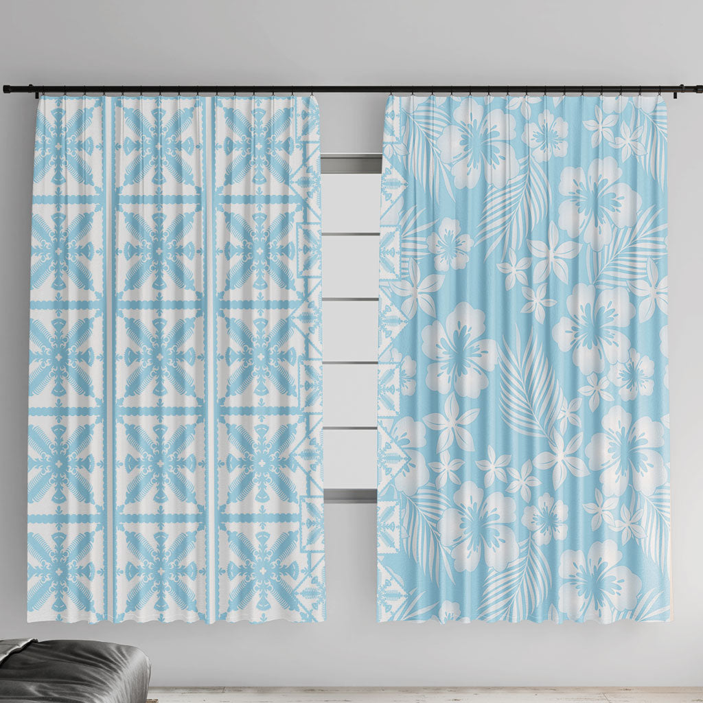 Pastel Blue Kahili Quilt Hawaii Window Curtain Tropical Flower Seamless Half Style LT14 With Hooks Blue - Polynesian Pride