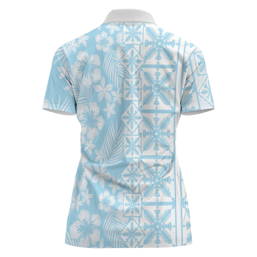 Pastel Blue Kahili Quilt Hawaii Women Polo Shirt Tropical Flower Seamless Half Style LT14 - Polynesian Pride