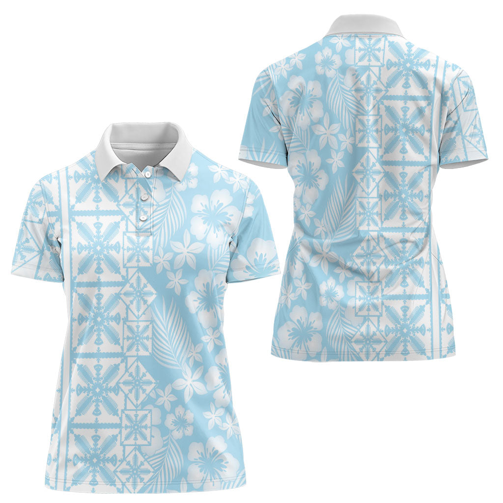 Pastel Blue Kahili Quilt Hawaii Women Polo Shirt Tropical Flower Seamless Half Style LT14 - Polynesian Pride