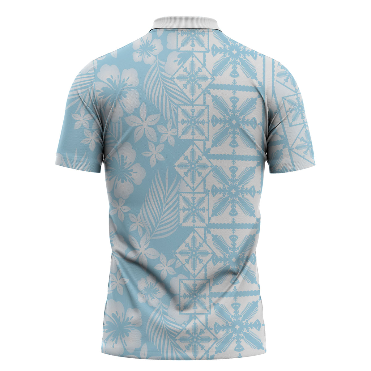 Pastel Blue Kahili Quilt Hawaii Zipper Polo Shirt Tropical Flower Seamless Half Style LT14 - Polynesian Pride