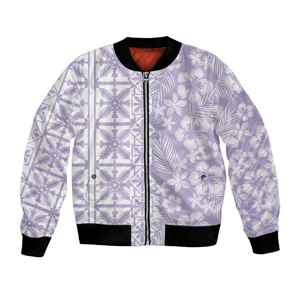 Pastel Purple Kahili Quilt Hawaii Bomber Jacket Tropical Flower Seamless Half Style LT14 Unisex Purple - Polynesian Pride
