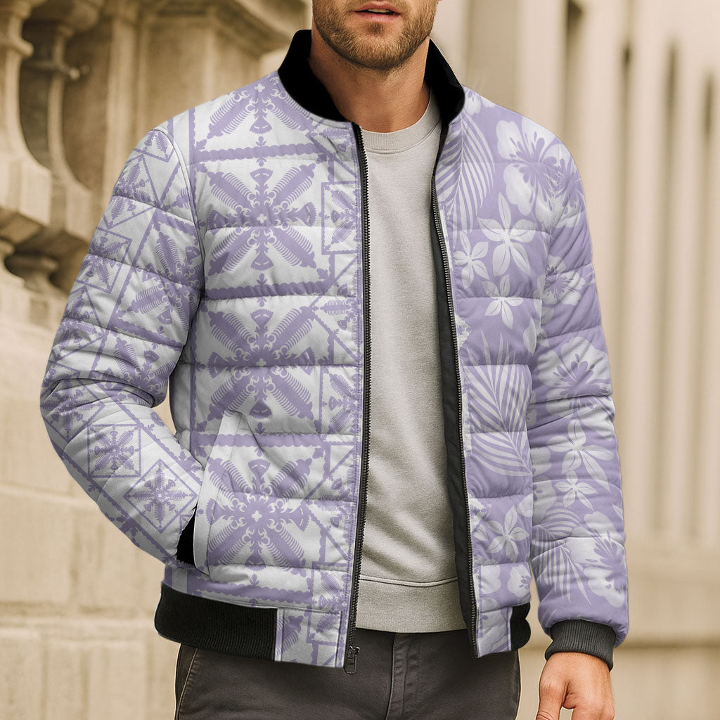 Pastel Purple Kahili Quilt Hawaii Bomber Puffer Jacket Tropical Flower Seamless Half Style LT14 - Polynesian Pride