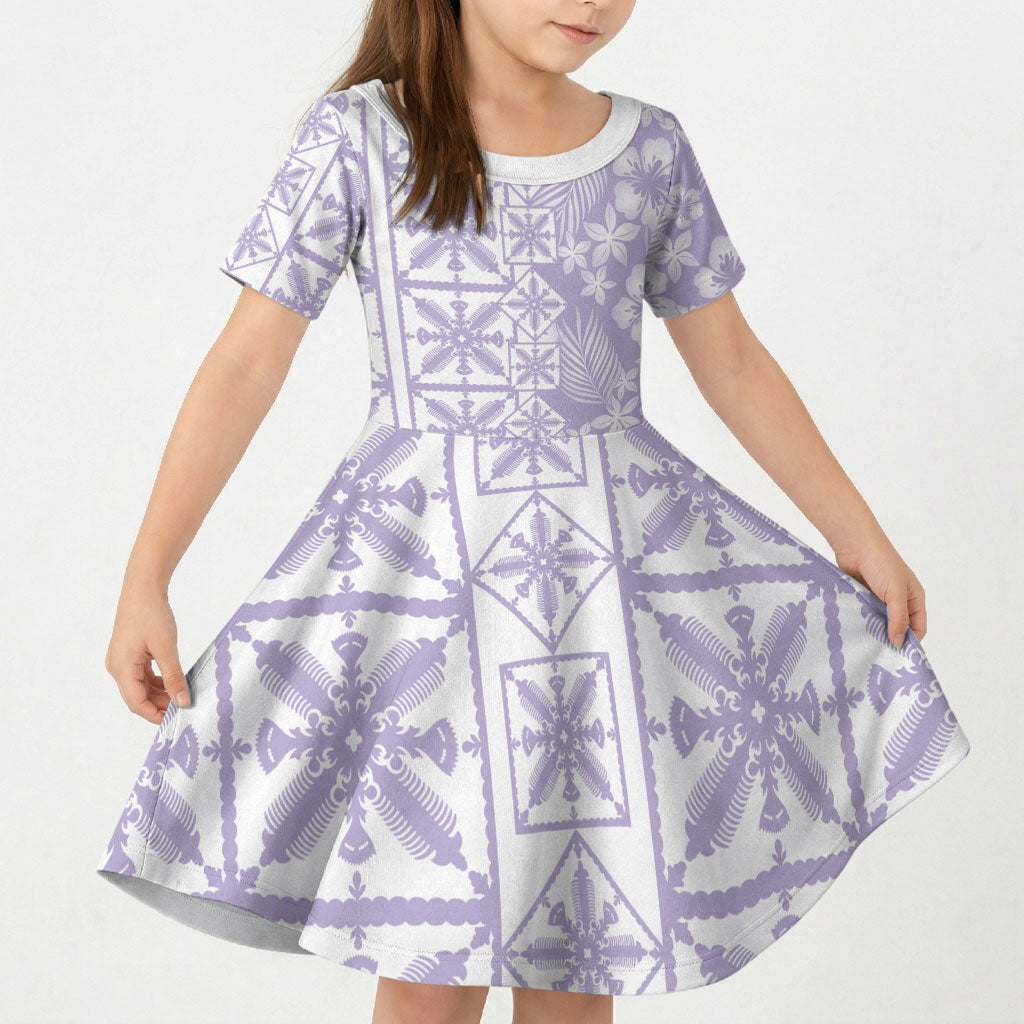 Pastel Purple Kahili Quilt Hawaii Kid Short Sleeve Dress Tropical Flower Seamless Half Style LT14 KID Purple - Polynesian Pride