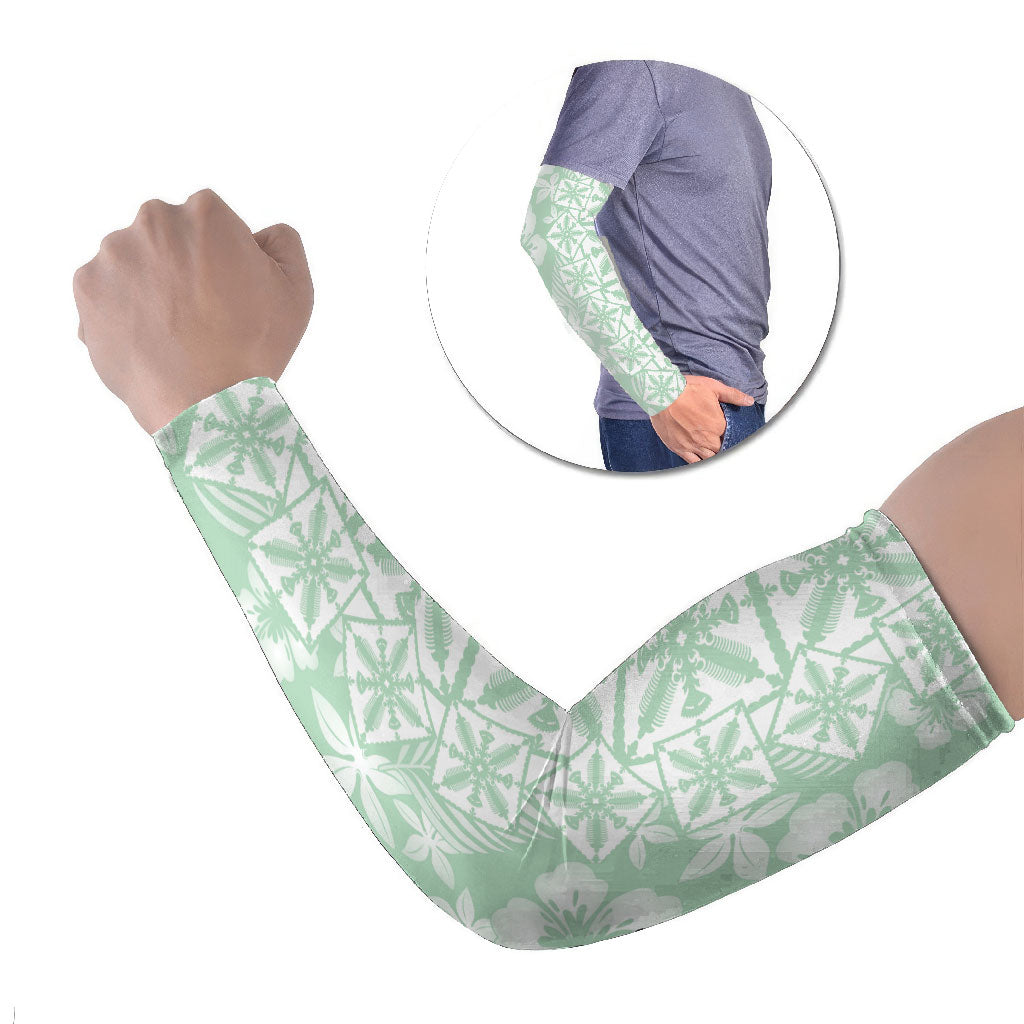 Pastel Green Kahili Quilt Hawaii Arm Sleeves Tropical Flower Seamless Half Style LT14 Set of 2 Green - Polynesian Pride