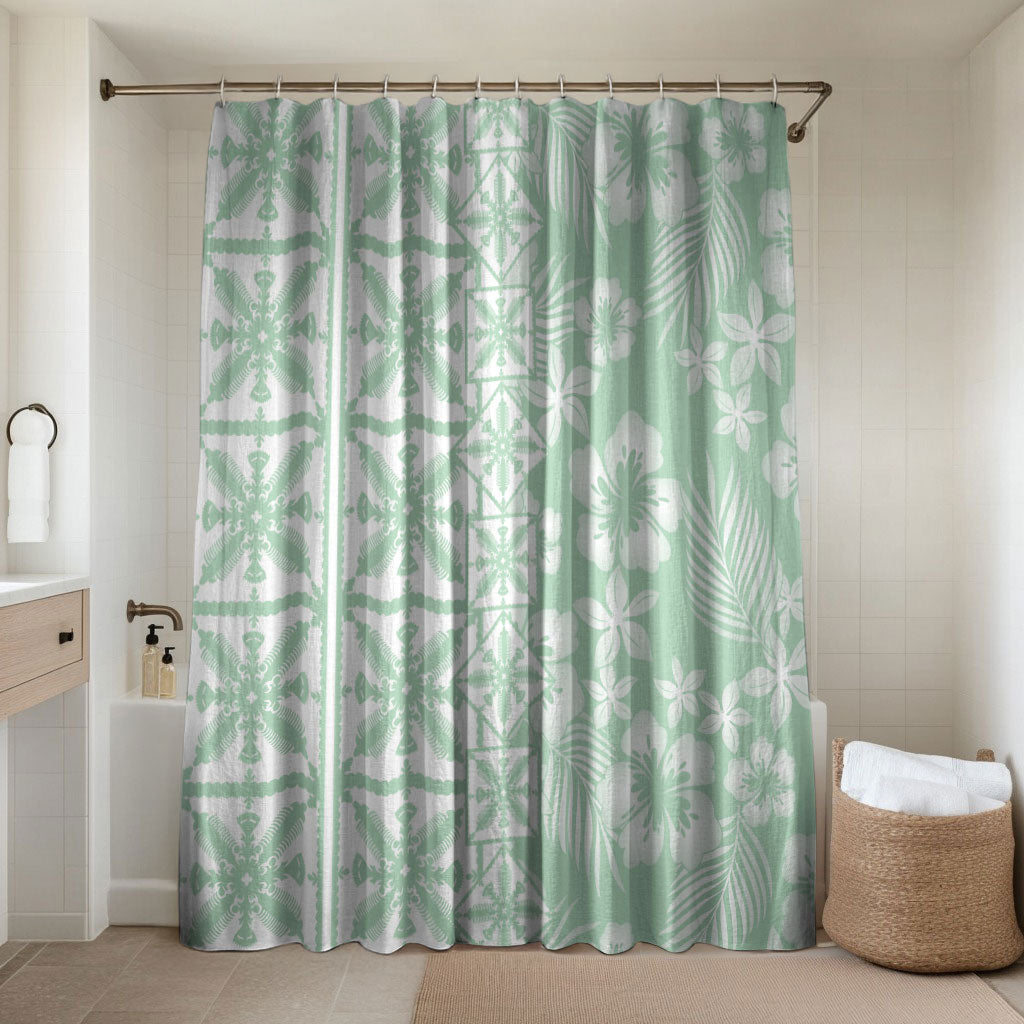 Pastel Green Kahili Quilt Hawaii Bathroom Set Tropical Flower Seamless Half Style LT14 Shower Curtain Only Green - Polynesian Pride