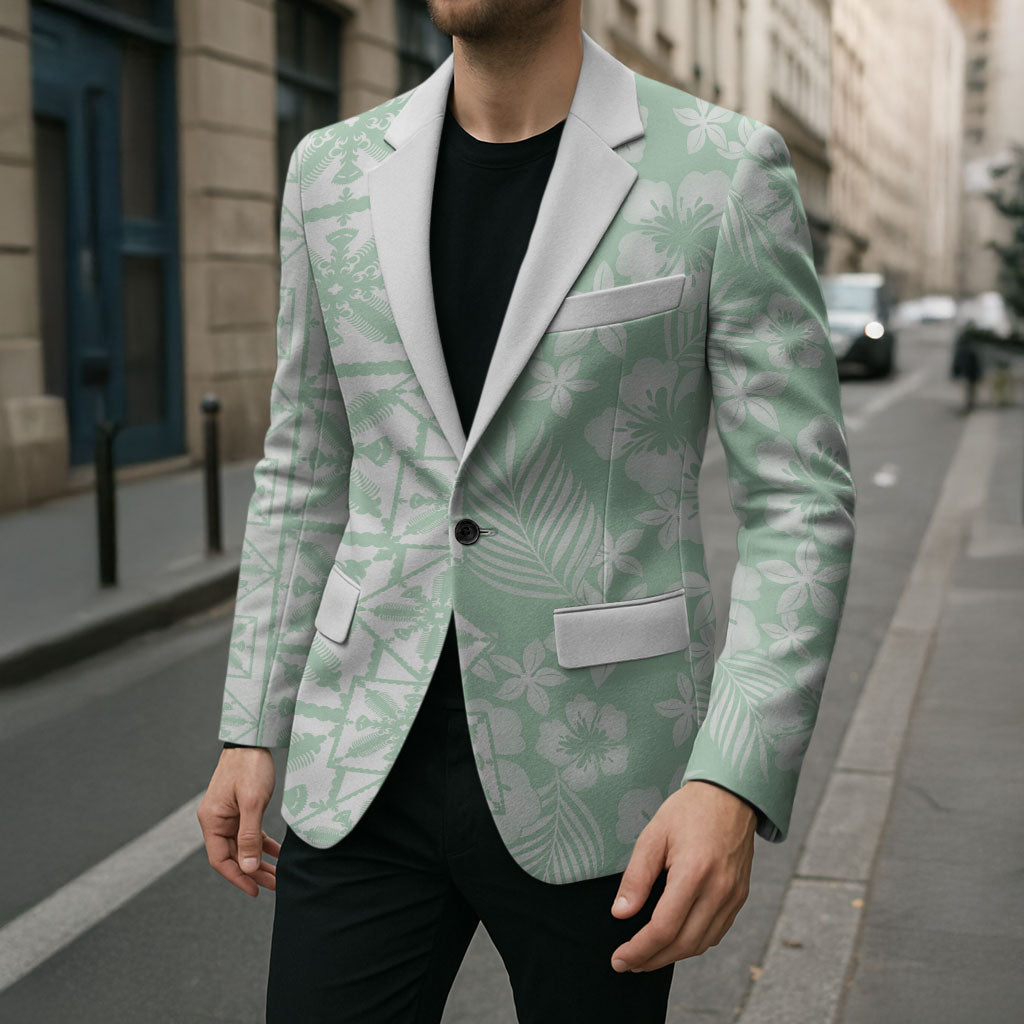 Pastel Green Kahili Quilt Hawaii Blazer Tropical Flower Seamless Half Style LT14 - Polynesian Pride