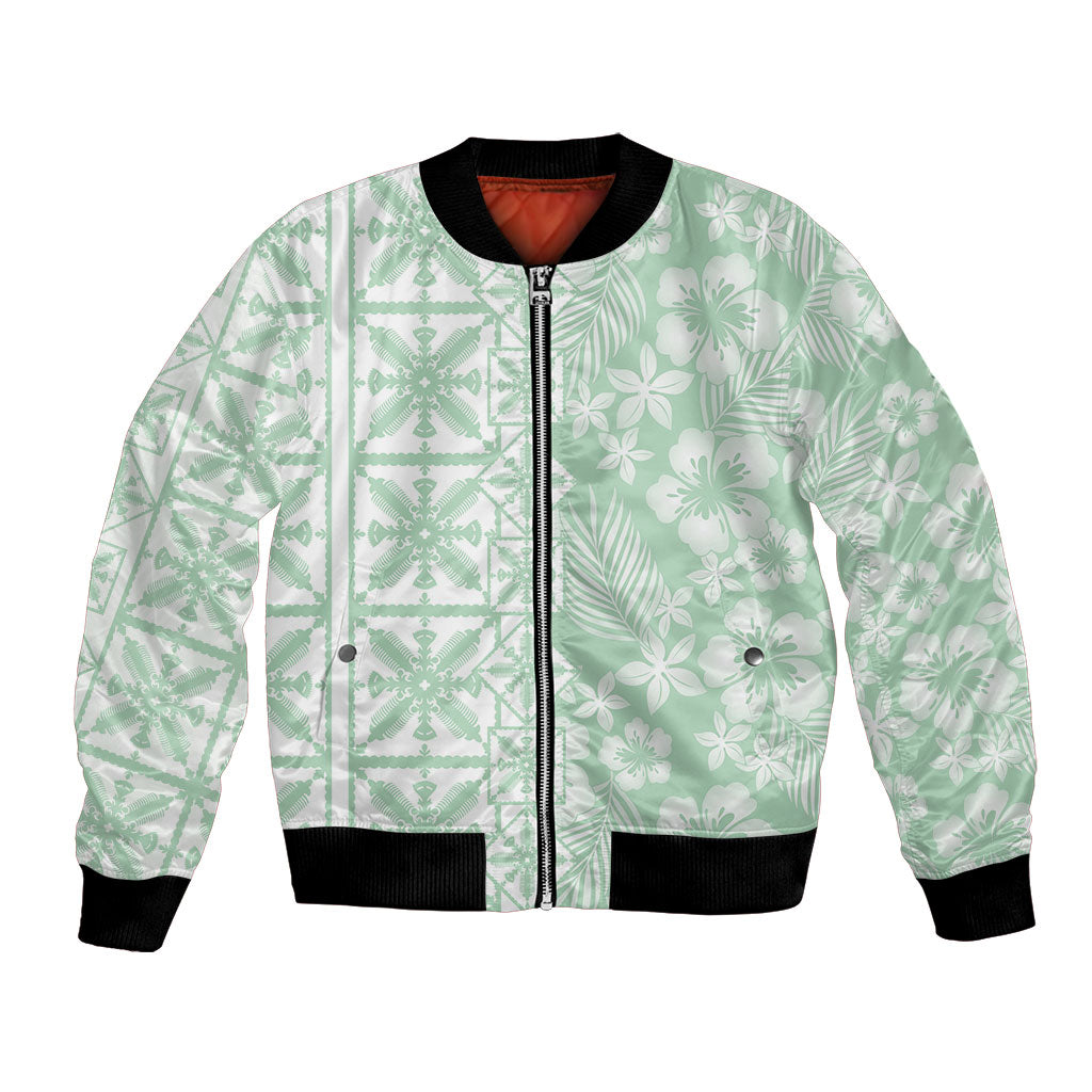 Pastel Green Kahili Quilt Hawaii Bomber Jacket Tropical Flower Seamless Half Style LT14 Unisex Green - Polynesian Pride