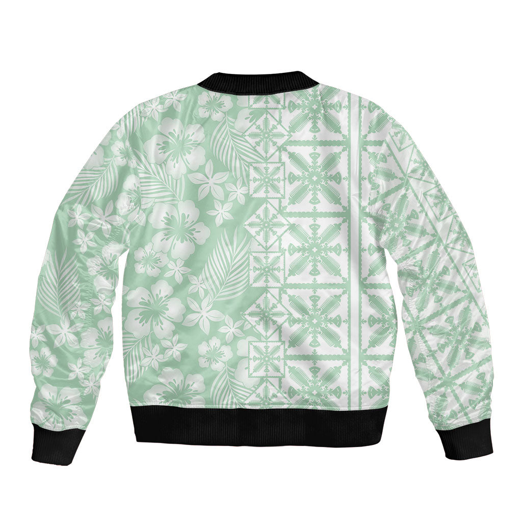 Pastel Green Kahili Quilt Hawaii Bomber Jacket Tropical Flower Seamless Half Style LT14 - Polynesian Pride