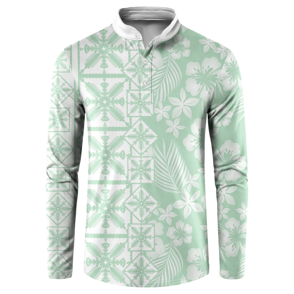 Pastel Green Kahili Quilt Hawaii Button Sweatshirt Tropical Flower Seamless Half Style LT14 Green - Polynesian Pride