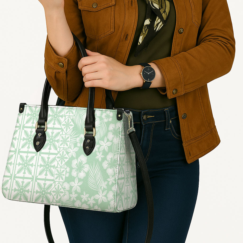 Pastel Green Kahili Quilt Hawaii Leather Bag Tropical Flower Seamless Half Style LT14 - Polynesian Pride