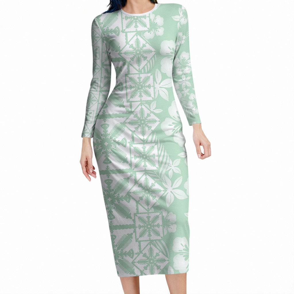 Pastel Green Kahili Quilt Hawaii Long Sleeve Bodycon Dress Tropical Flower Seamless Half Style LT14 Long Dress Green - Polynesian Pride
