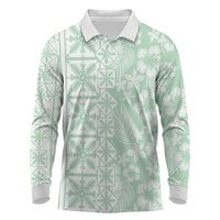 Pastel Green Kahili Quilt Hawaii Long Sleeve Polo Shirt Tropical Flower Seamless Half Style LT14 Green - Polynesian Pride