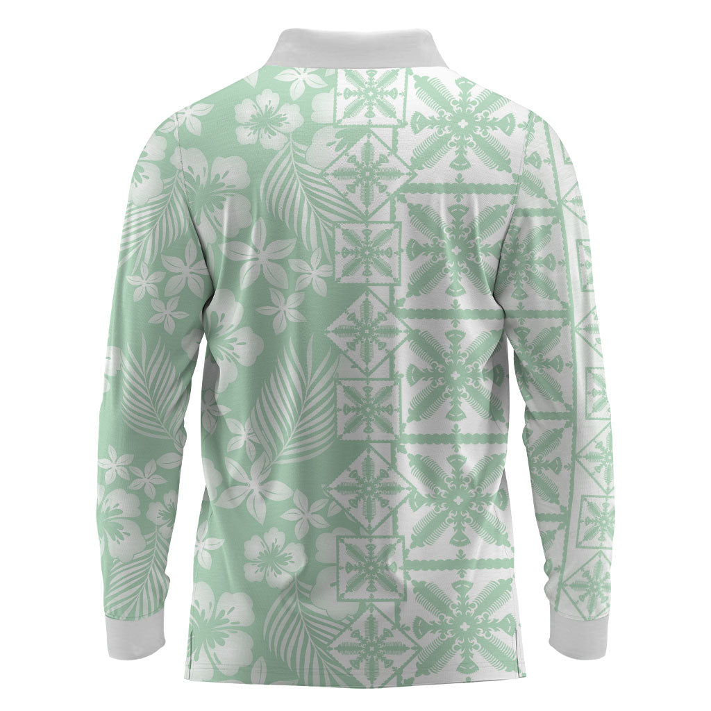 Pastel Green Kahili Quilt Hawaii Long Sleeve Polo Shirt Tropical Flower Seamless Half Style LT14 - Polynesian Pride