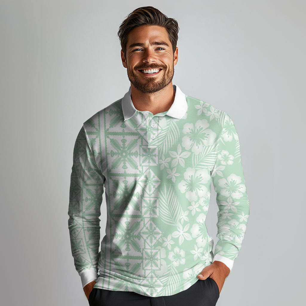 Pastel Green Kahili Quilt Hawaii Long Sleeve Polo Shirt Tropical Flower Seamless Half Style LT14 - Polynesian Pride