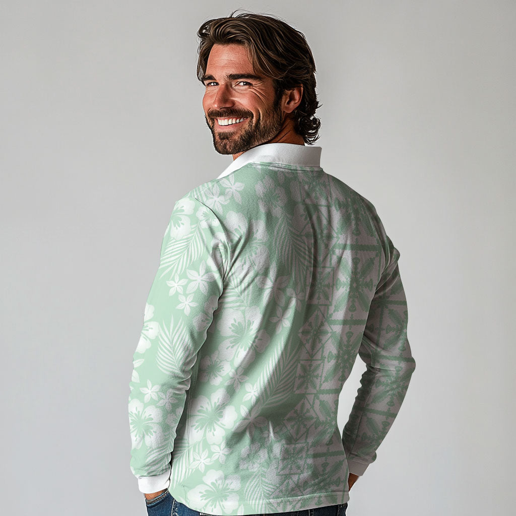 Pastel Green Kahili Quilt Hawaii Long Sleeve Polo Shirt Tropical Flower Seamless Half Style LT14 - Polynesian Pride