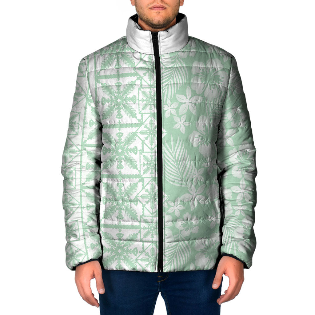 Pastel Green Kahili Quilt Hawaii Padded Jacket Tropical Flower Seamless Half Style LT14 Men Green - Polynesian Pride