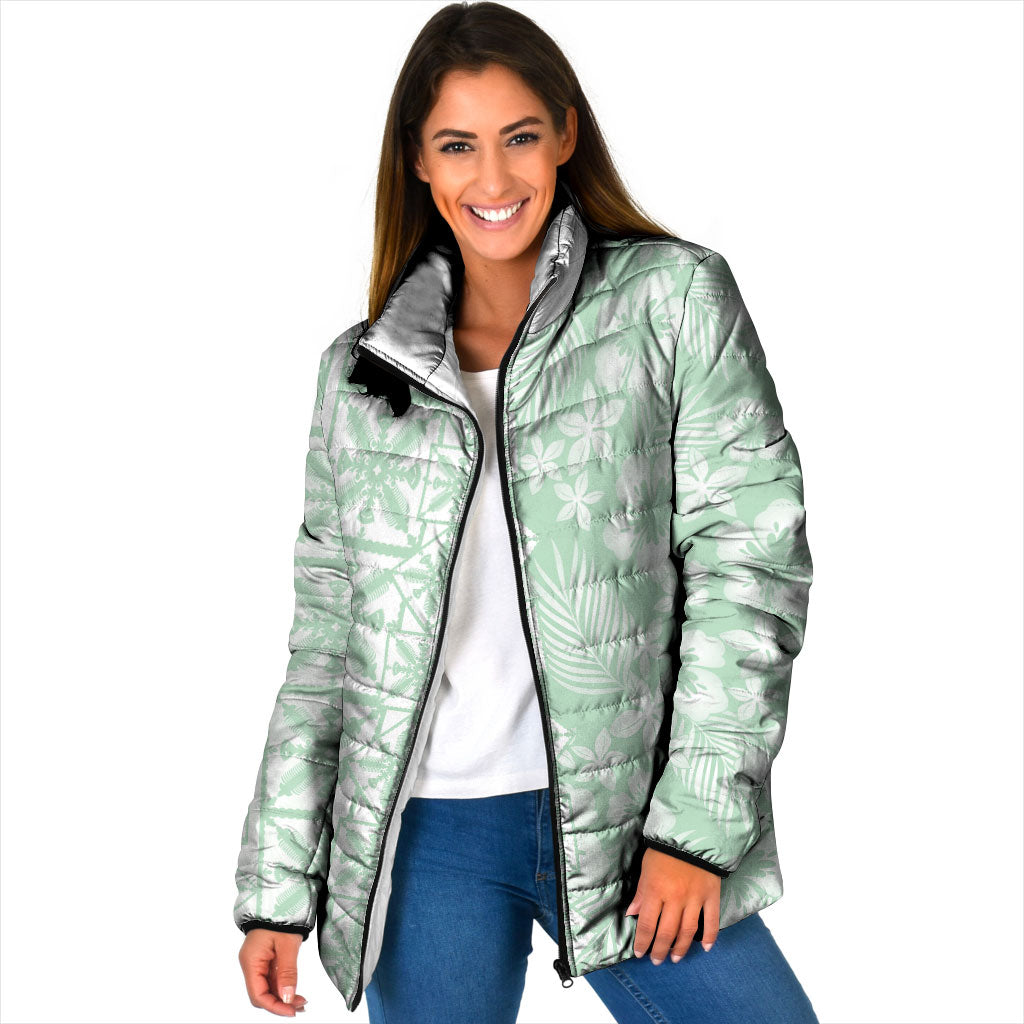 Pastel Green Kahili Quilt Hawaii Padded Jacket Tropical Flower Seamless Half Style LT14 Women Green - Polynesian Pride