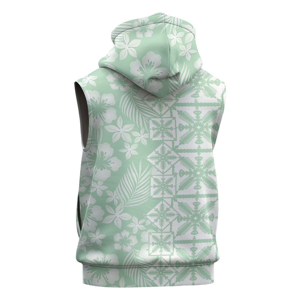 Pastel Green Kahili Quilt Hawaii Sleeveless Hoodie Tropical Flower Seamless Half Style LT14 - Polynesian Pride