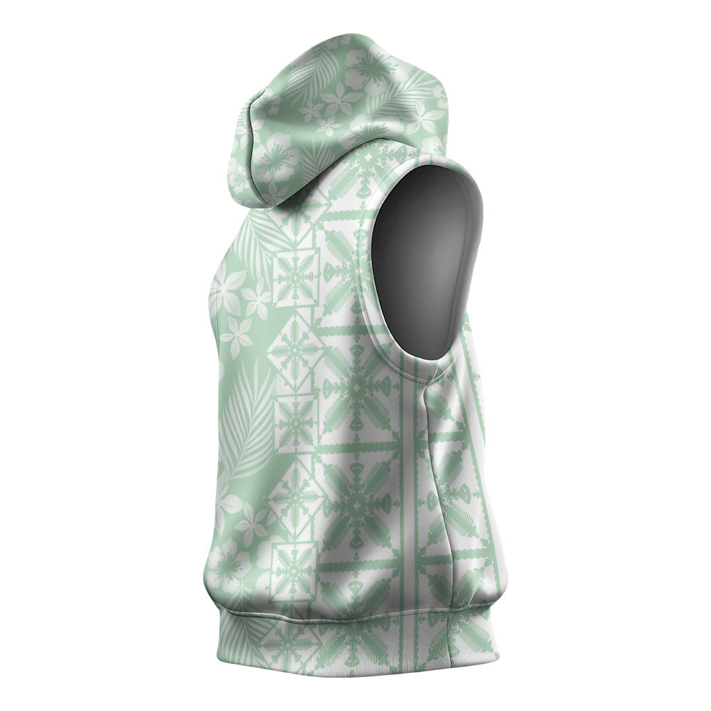 Pastel Green Kahili Quilt Hawaii Sleeveless Hoodie Tropical Flower Seamless Half Style LT14 - Polynesian Pride