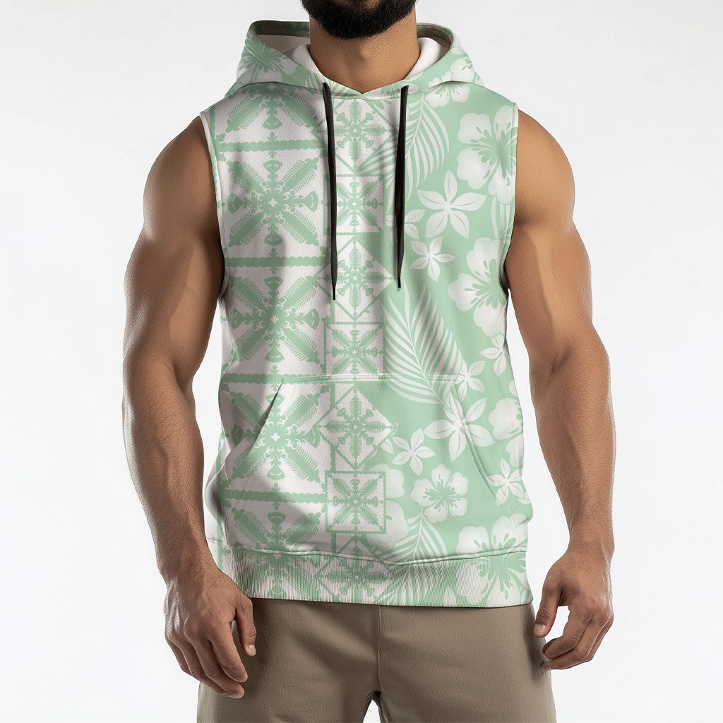Pastel Green Kahili Quilt Hawaii Sleeveless Hoodie Tropical Flower Seamless Half Style LT14 - Polynesian Pride