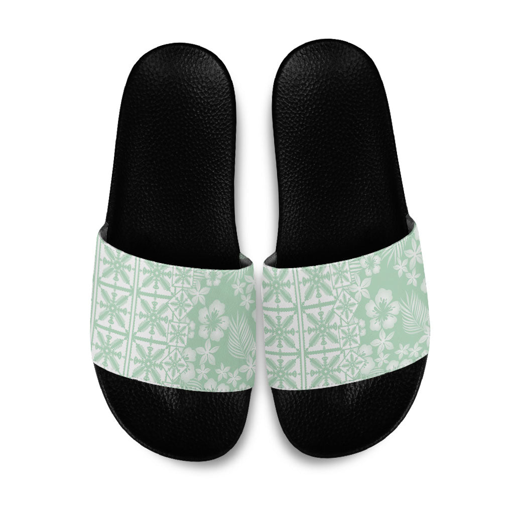 Pastel Green Kahili Quilt Hawaii Slide Sandals Tropical Flower Seamless Half Style LT14 Green - Polynesian Pride