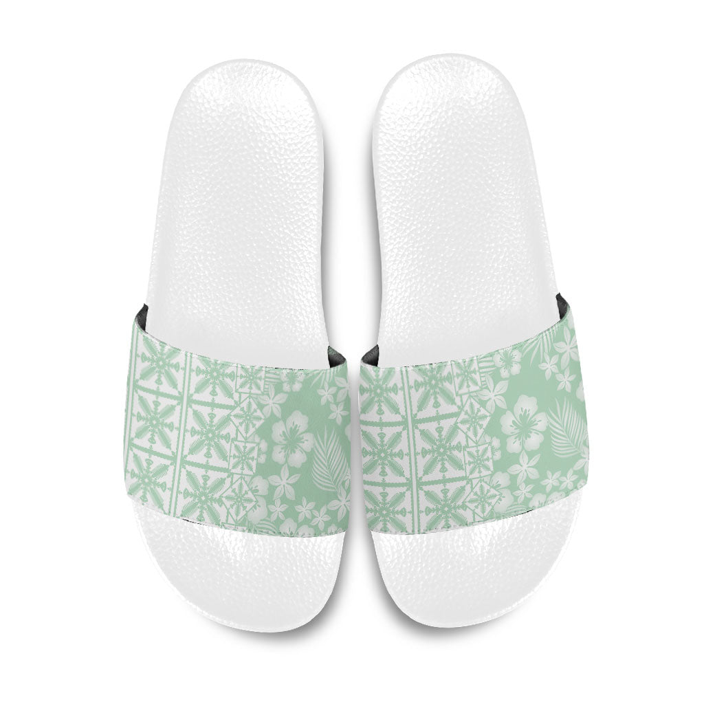 Pastel Green Kahili Quilt Hawaii Slide Sandals Tropical Flower Seamless Half Style LT14 Green - Polynesian Pride