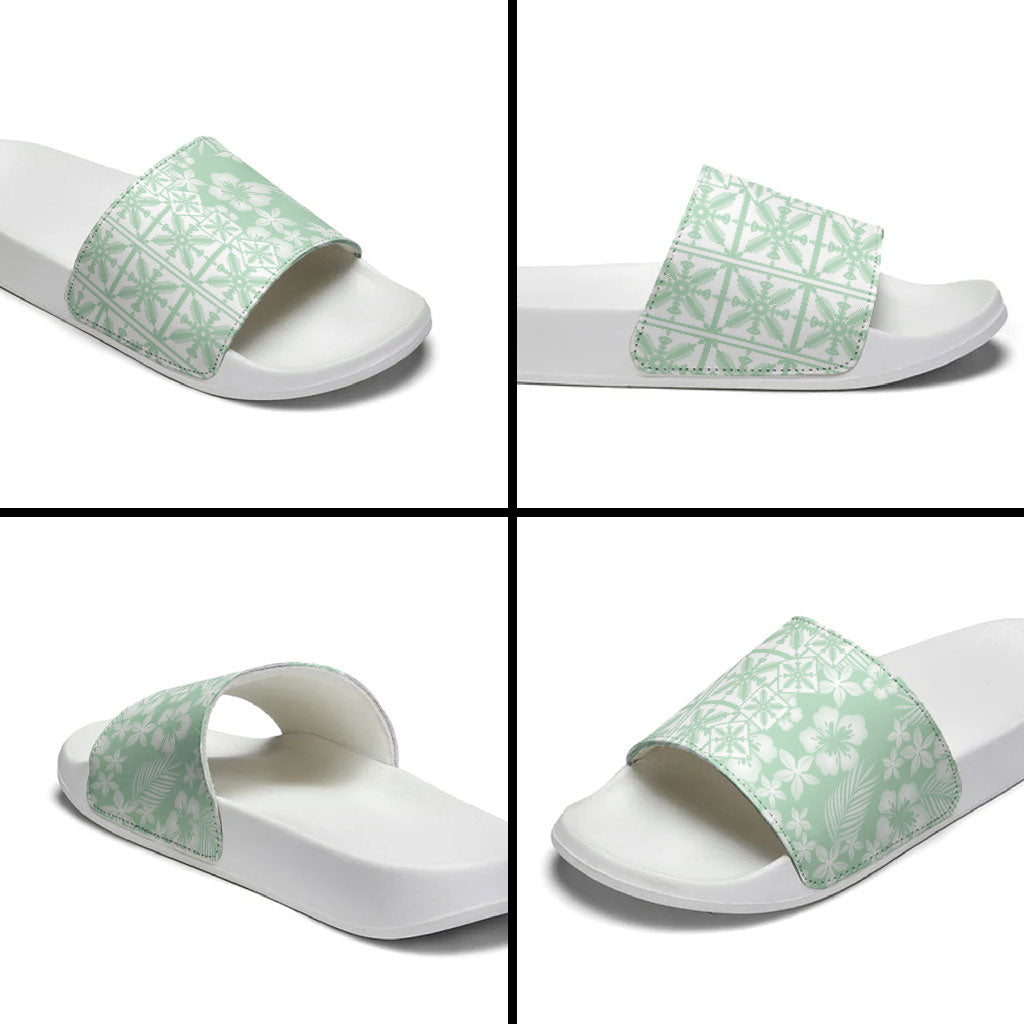Pastel Green Kahili Quilt Hawaii Slide Sandals Tropical Flower Seamless Half Style LT14 - Polynesian Pride