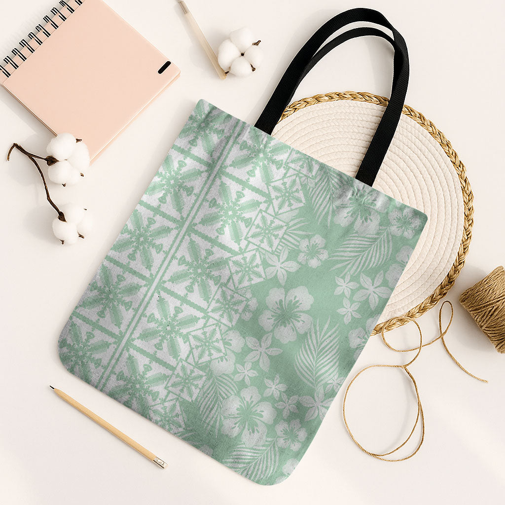 Pastel Green Kahili Quilt Hawaii Tote Bag Tropical Flower Seamless Half Style LT14 Black Strap One Size Green - Polynesian Pride