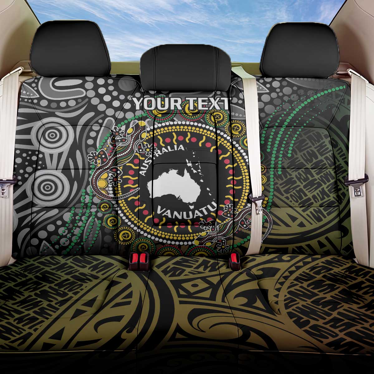 Personalised Australia And Vanuatu Back Car Seat Cover Aboriginal Lizard Polynesia Ni-Van Pig Tusk LT14 One Size Black - Polynesian Pride