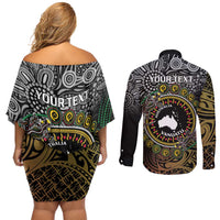 Personalised Australia And Vanuatu Couples Matching Off Shoulder Short Dress and Long Sleeve Button Shirt Aboriginal Lizard Polynesia Ni-Van Pig Tusk LT14 - Polynesian Pride