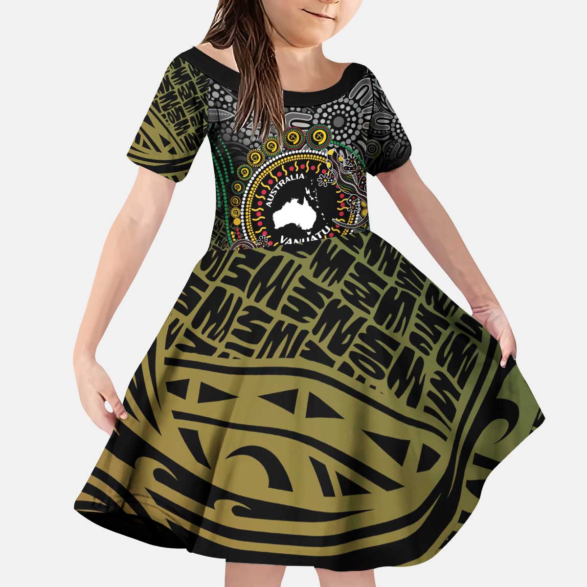 Personalised Australia And Vanuatu Kid Short Sleeve Dress Aboriginal Lizard Polynesia Ni-Van Pig Tusk LT14 KID Black - Polynesian Pride