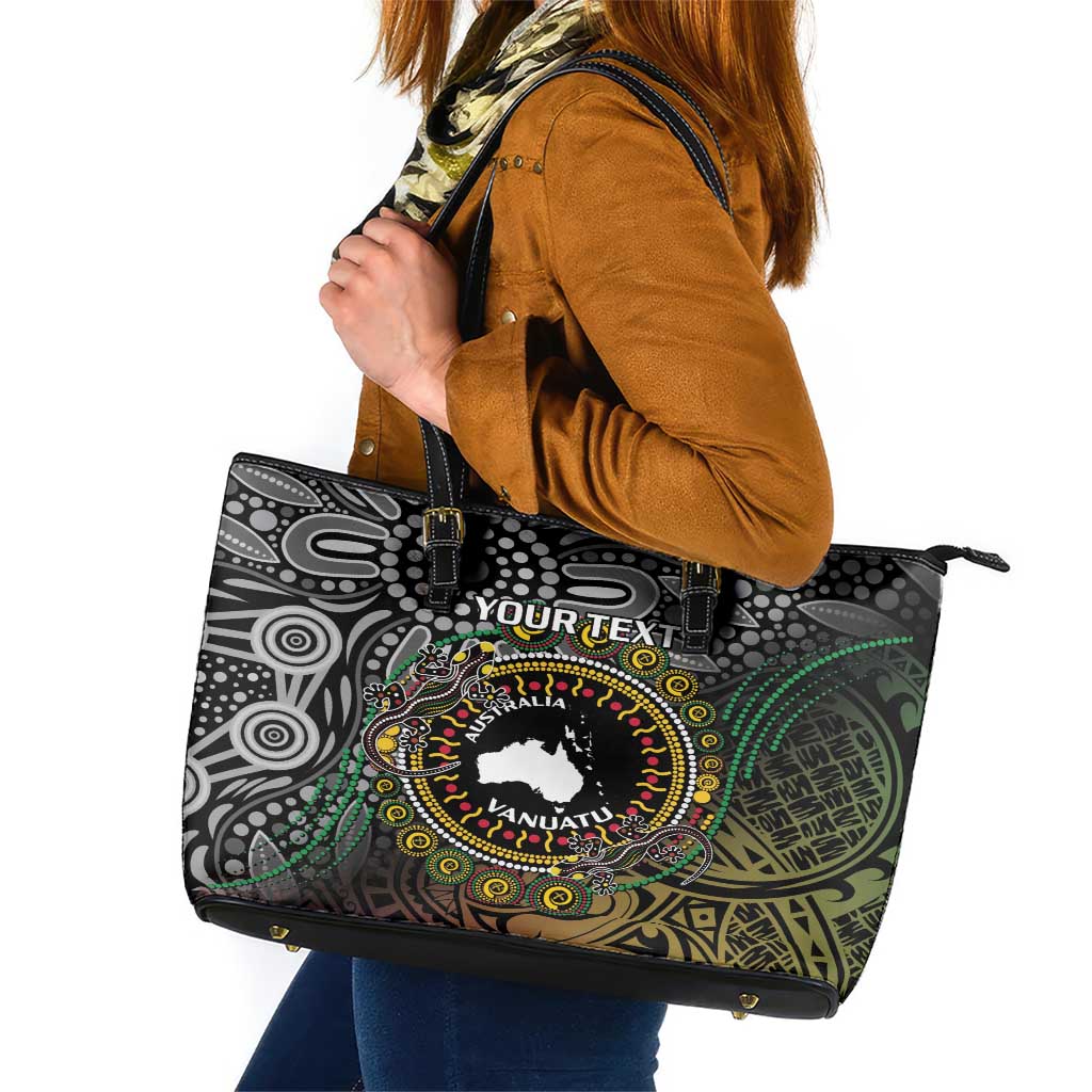 Personalised Australia And Vanuatu Leather Tote Bag Aboriginal Lizard Polynesia Ni-Van Pig Tusk LT14 Black - Polynesian Pride