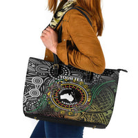 Personalised Australia And Vanuatu Leather Tote Bag Aboriginal Lizard Polynesia Ni-Van Pig Tusk LT14 Black - Polynesian Pride